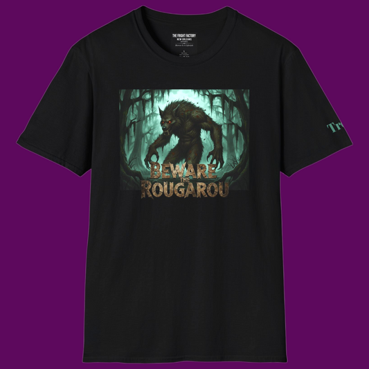 Personalized Rougarou swamp werewolf black t-shirt with distressed "Beware" text and custom name field, designed by The Fright Factory New Orleans.