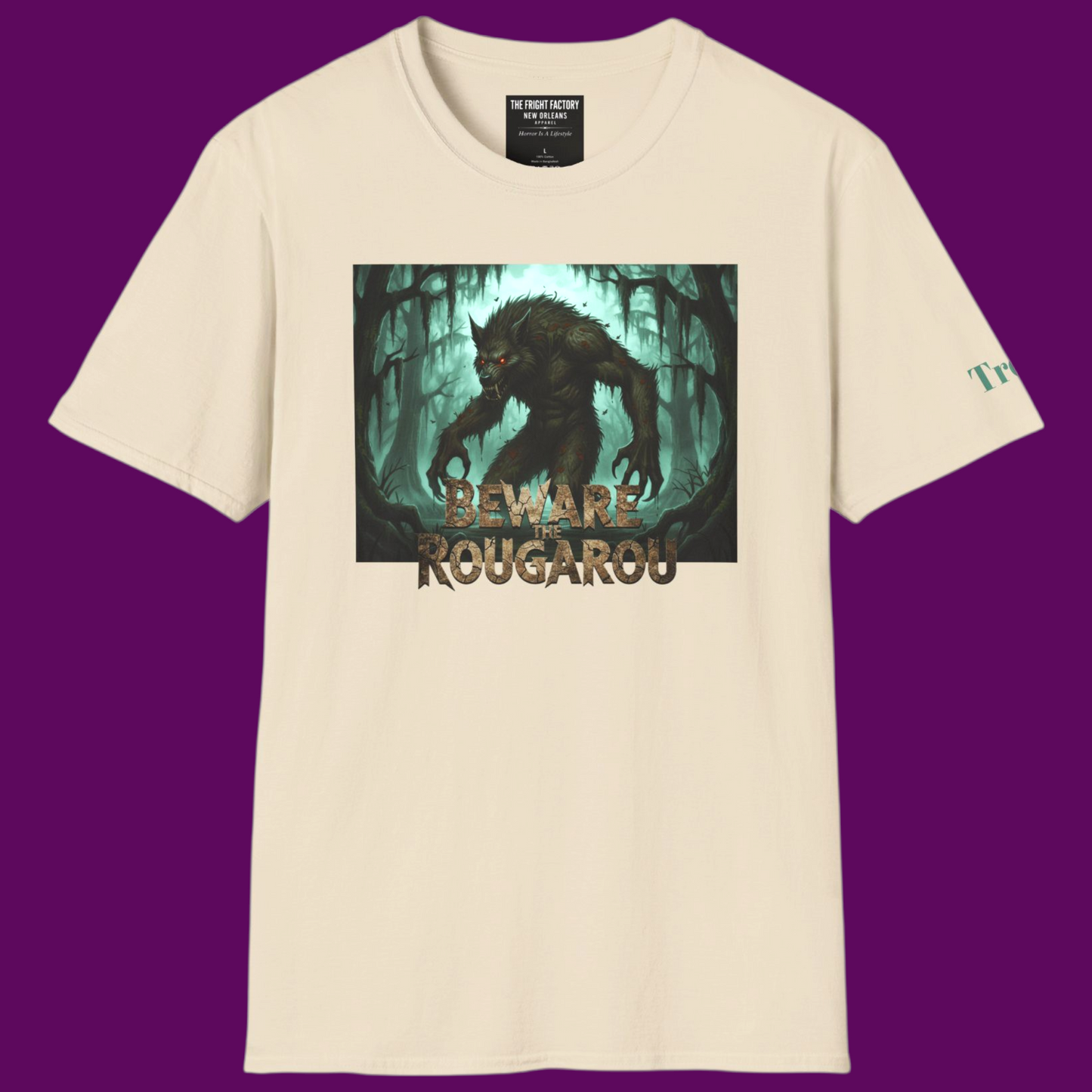 Personalized Rougarou swamp werewolf cream t-shirt with distressed "Beware" text and custom name field, designed by The Fright Factory New Orleans.