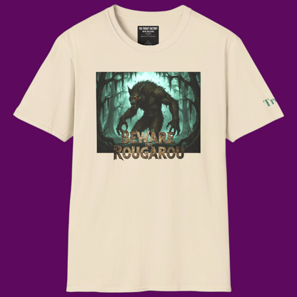 Personalized Rougarou swamp werewolf cream t-shirt with distressed "Beware" text and custom name field, designed by The Fright Factory New Orleans.