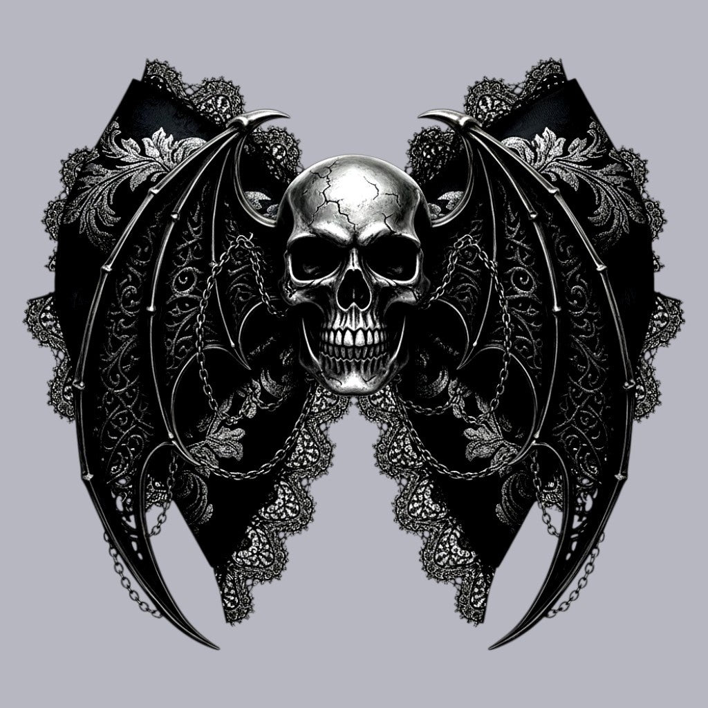 Closeup of a custom skull with lacy bat wings graphic designed in The Fright Factory New Orleans gift shop.