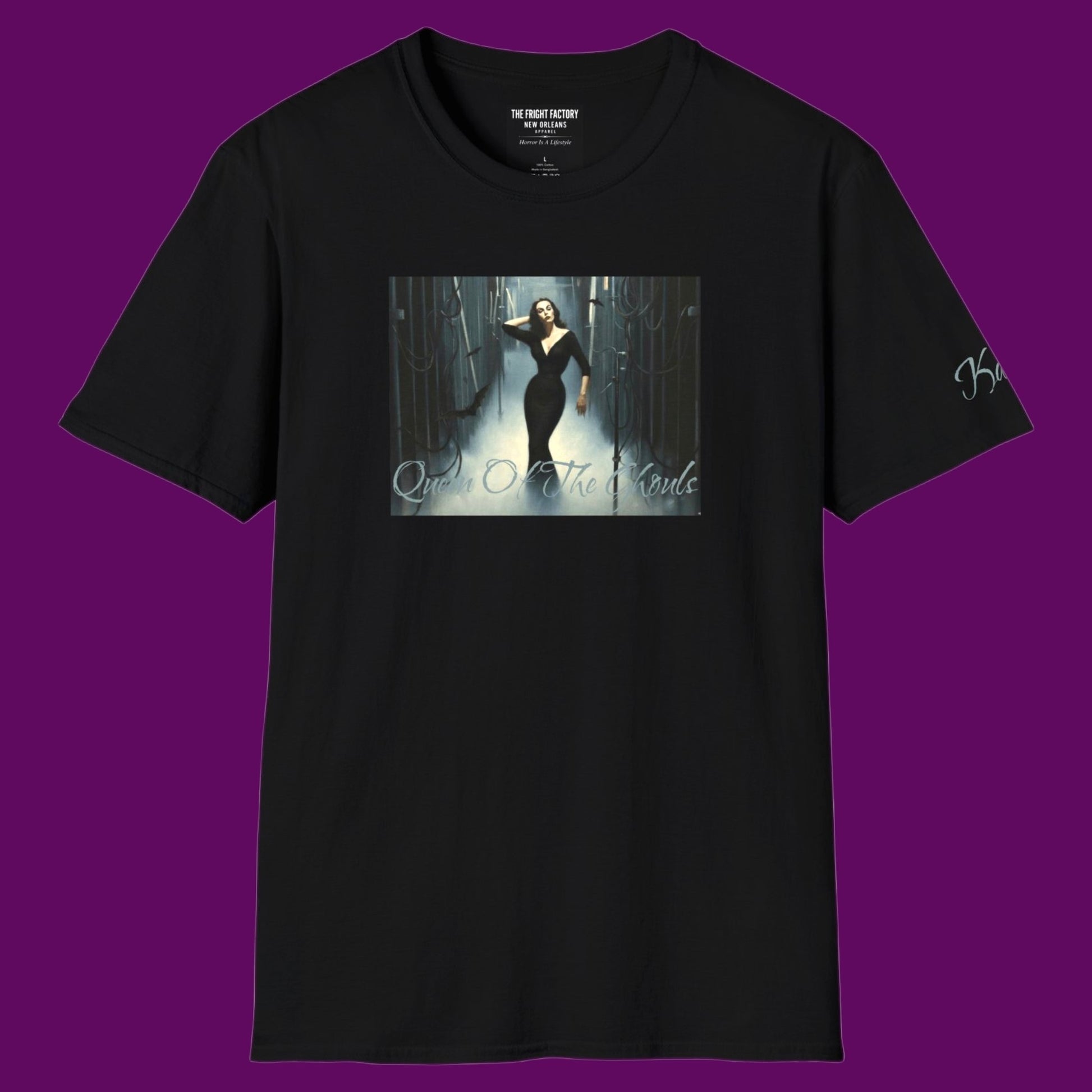 Front view of a custom Vampira Horror Shirt in black, featuring the Queen of the Ghouls graphic print. Designed in The Fright Factory New Orleans. 
