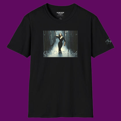 Front view of a custom Vampira Horror Shirt in black, featuring the Queen of the Ghouls graphic print. Designed in The Fright Factory New Orleans. 
