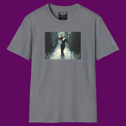Front view of a custom Vampira Horror Shirt in gray, featuring the Queen of the Ghouls graphic print. Designed in The Fright Factory New Orleans. 
