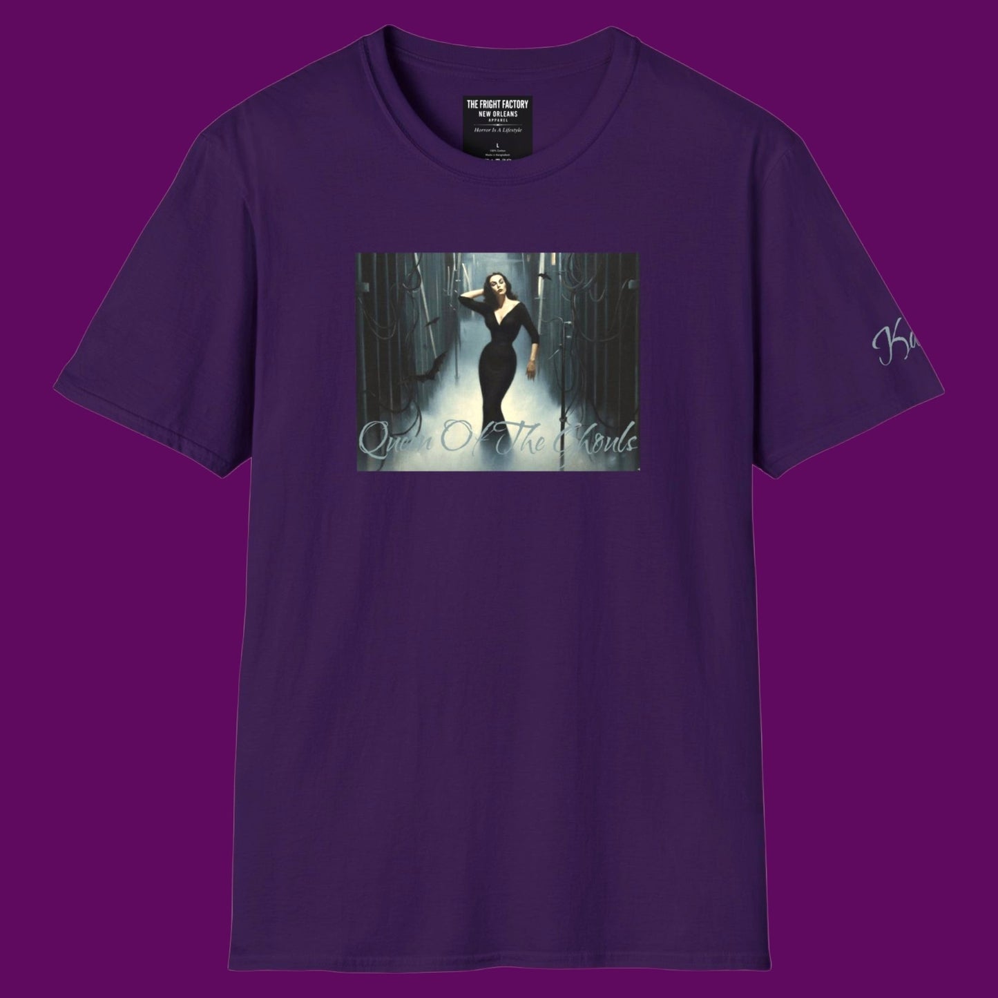 Front view of a custom Vampira Horror Shirt in purple, featuring the Queen of the Ghouls graphic print. Designed in The Fright Factory New Orleans. 