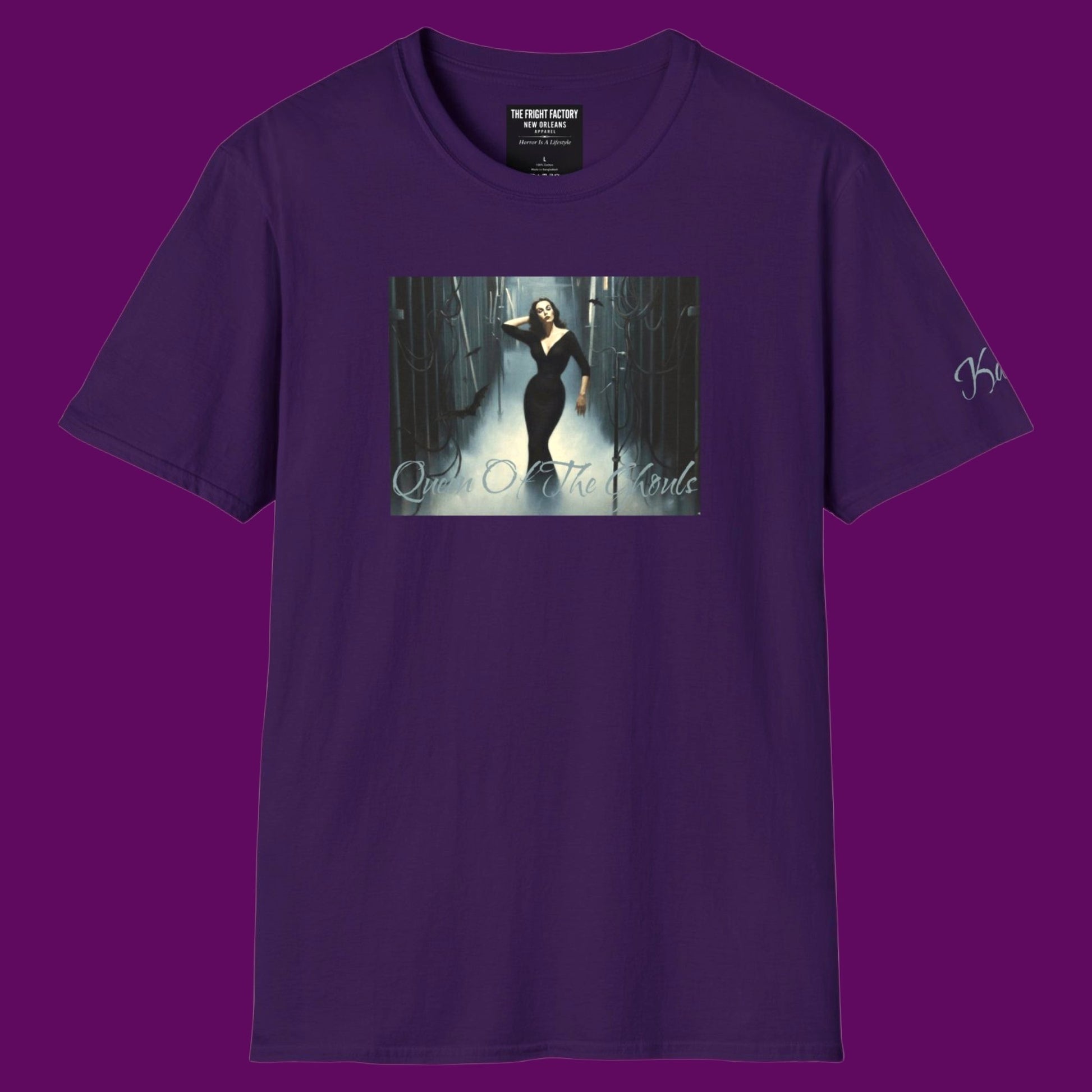Front view of a custom Vampira Horror Shirt in purple, featuring the Queen of the Ghouls graphic print. Designed in The Fright Factory New Orleans. 
