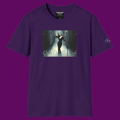 Front view of a custom Vampira Horror Shirt in purple, featuring the Queen of the Ghouls graphic print. Designed in The Fright Factory New Orleans. 