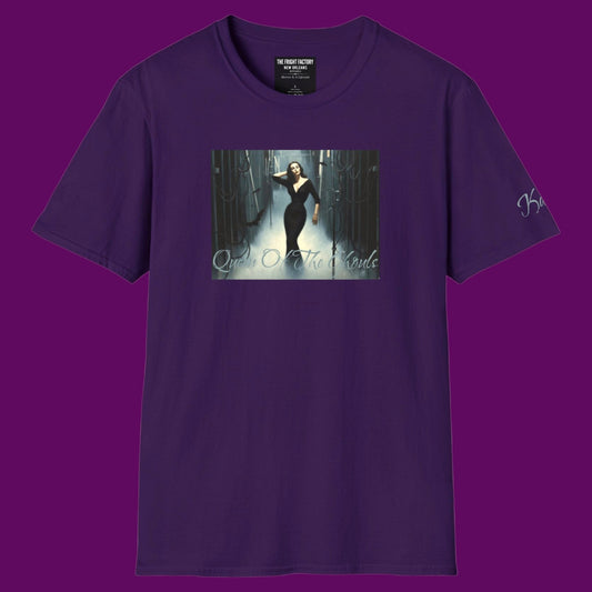 Front view of a custom Vampira Horror Shirt in purple, featuring the Queen of the Ghouls graphic print. Designed in The Fright Factory New Orleans. 