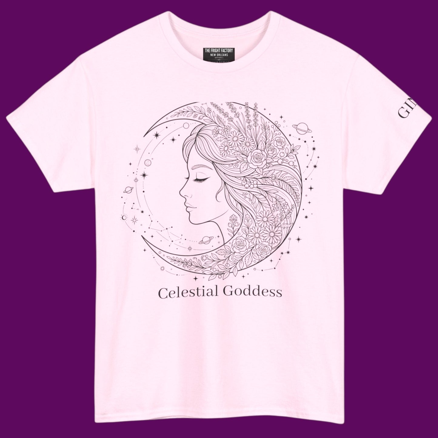 Personalized Celestial Goddess crescent moon graphic line art printed on a pink t-shirt from The Fright Factory New Orleans gift shop.