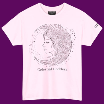 Personalized Celestial Goddess crescent moon graphic line art printed on a pink t-shirt from The Fright Factory New Orleans gift shop.