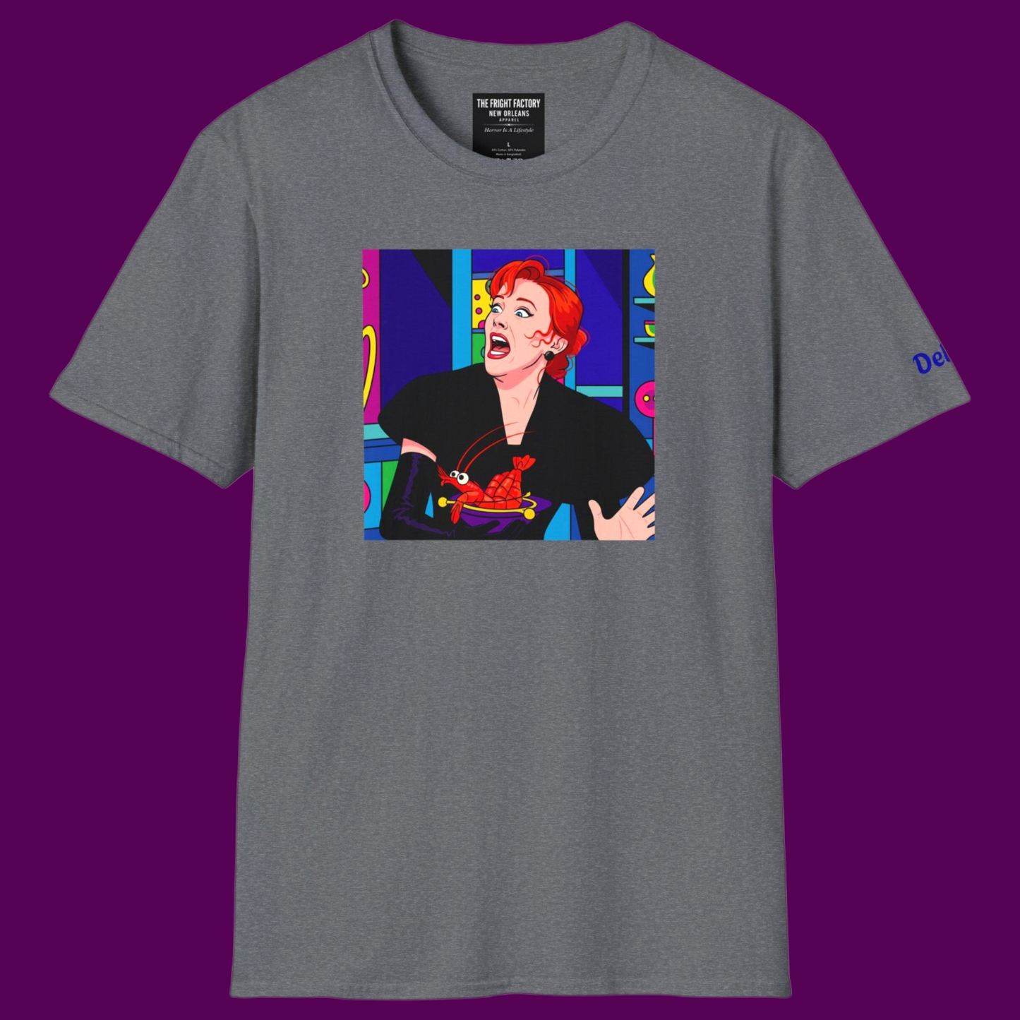 Delia Deetz from Beetlejuice in a vibrant pop art style on a 100% cotton T-shirt by The Fright Factory New Orleans.