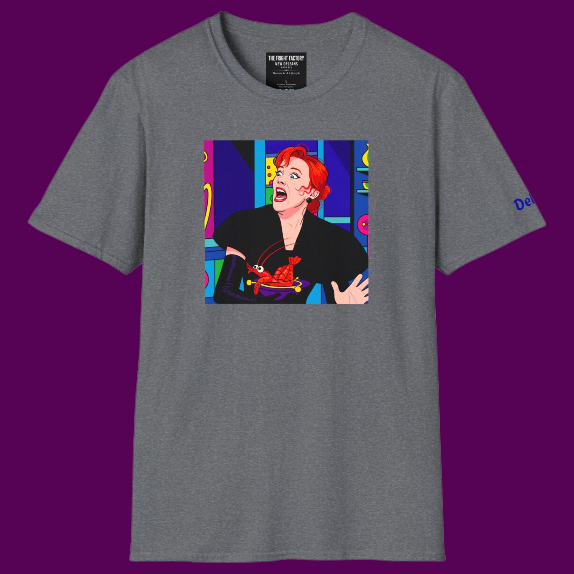 Delia Deetz from Beetlejuice in a vibrant pop art style on a 100% cotton T-shirt by The Fright Factory New Orleans.
