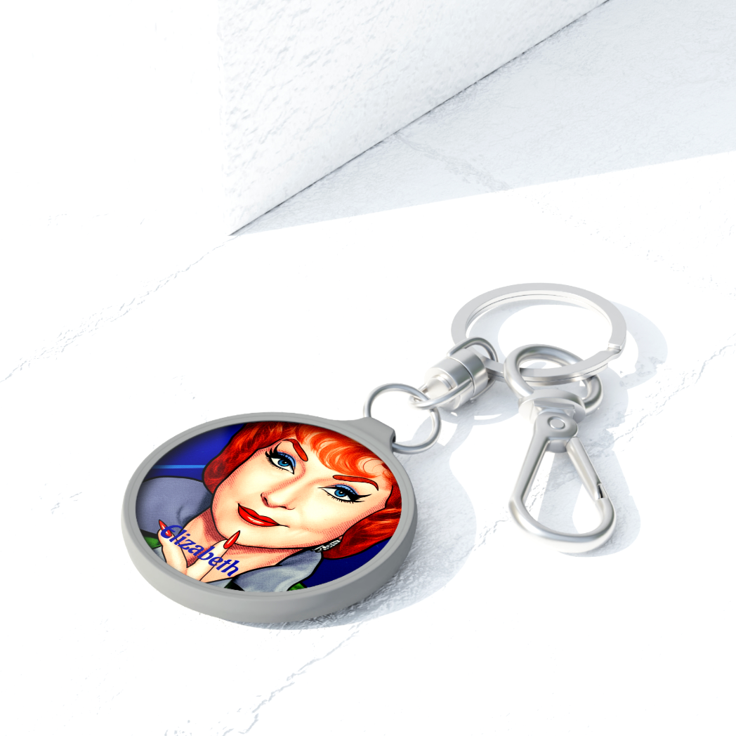 Close-up of custom engraving on a retro-style Endora witch keychain.