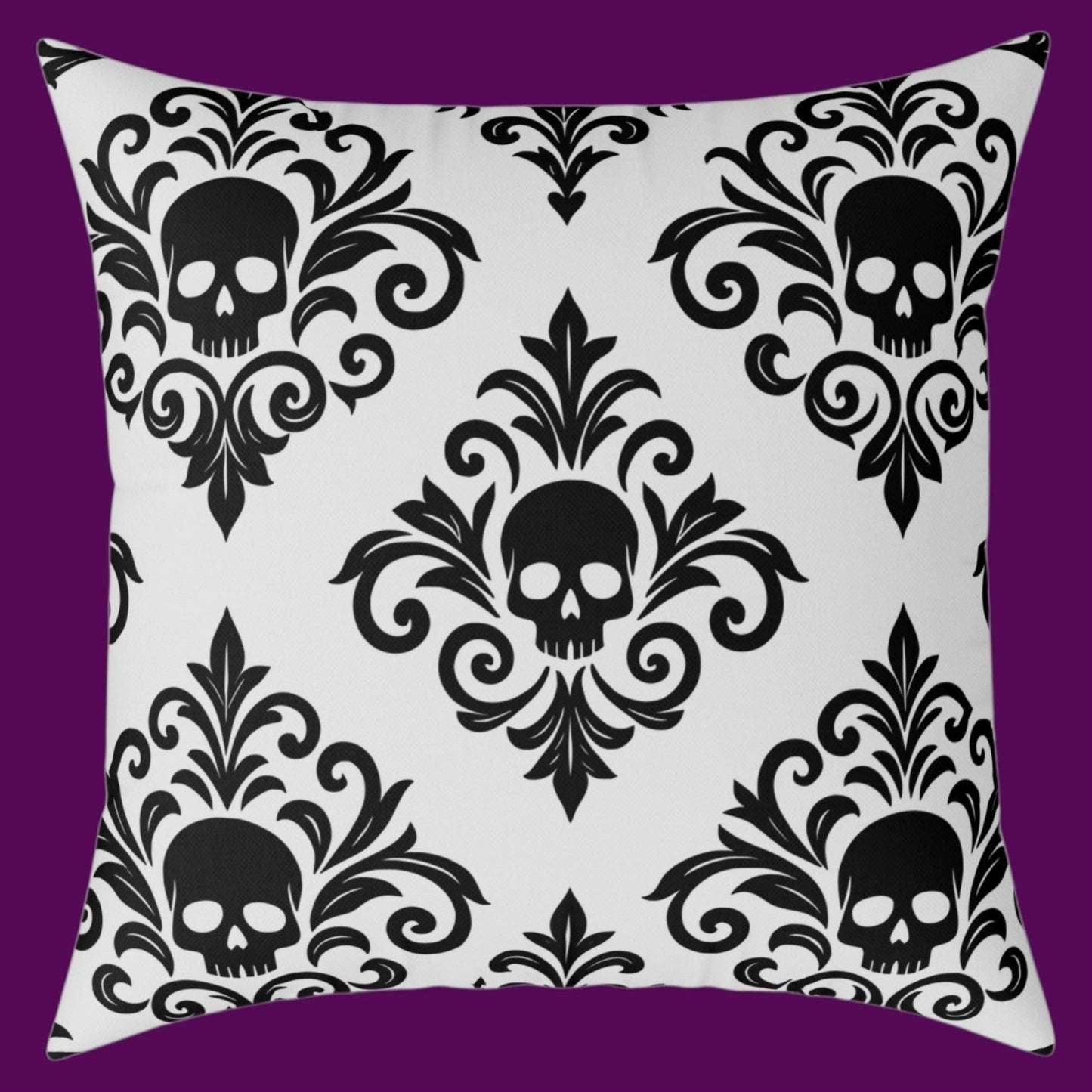 Gray and black personalized gothic skull damask square throw pillow from The Fright Factory New Orleans gift shop.
