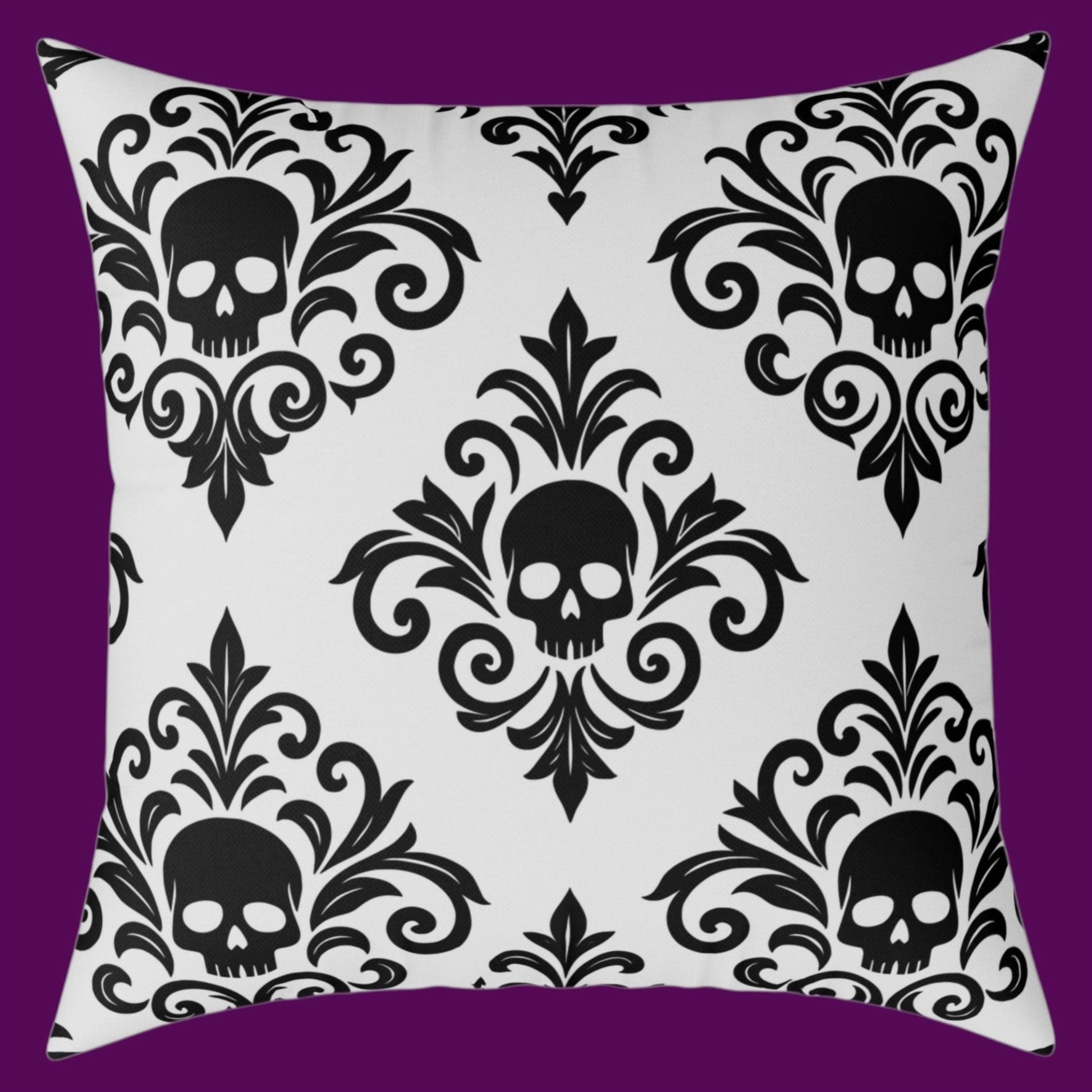 Gray and black personalized gothic skull damask square throw pillow from The Fright Factory New Orleans gift shop.