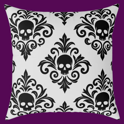 Gray and black personalized gothic skull damask square throw pillow from The Fright Factory New Orleans gift shop.