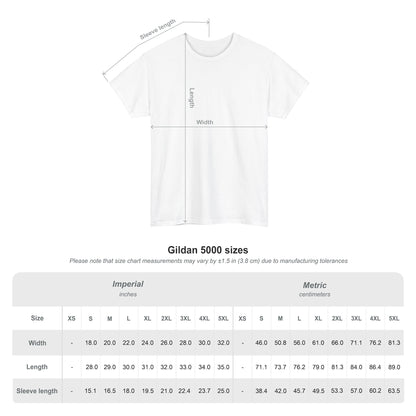 Size chart for the Gildan 5000 t-shirt collection from The Fright Factory New Orleans gift shop.