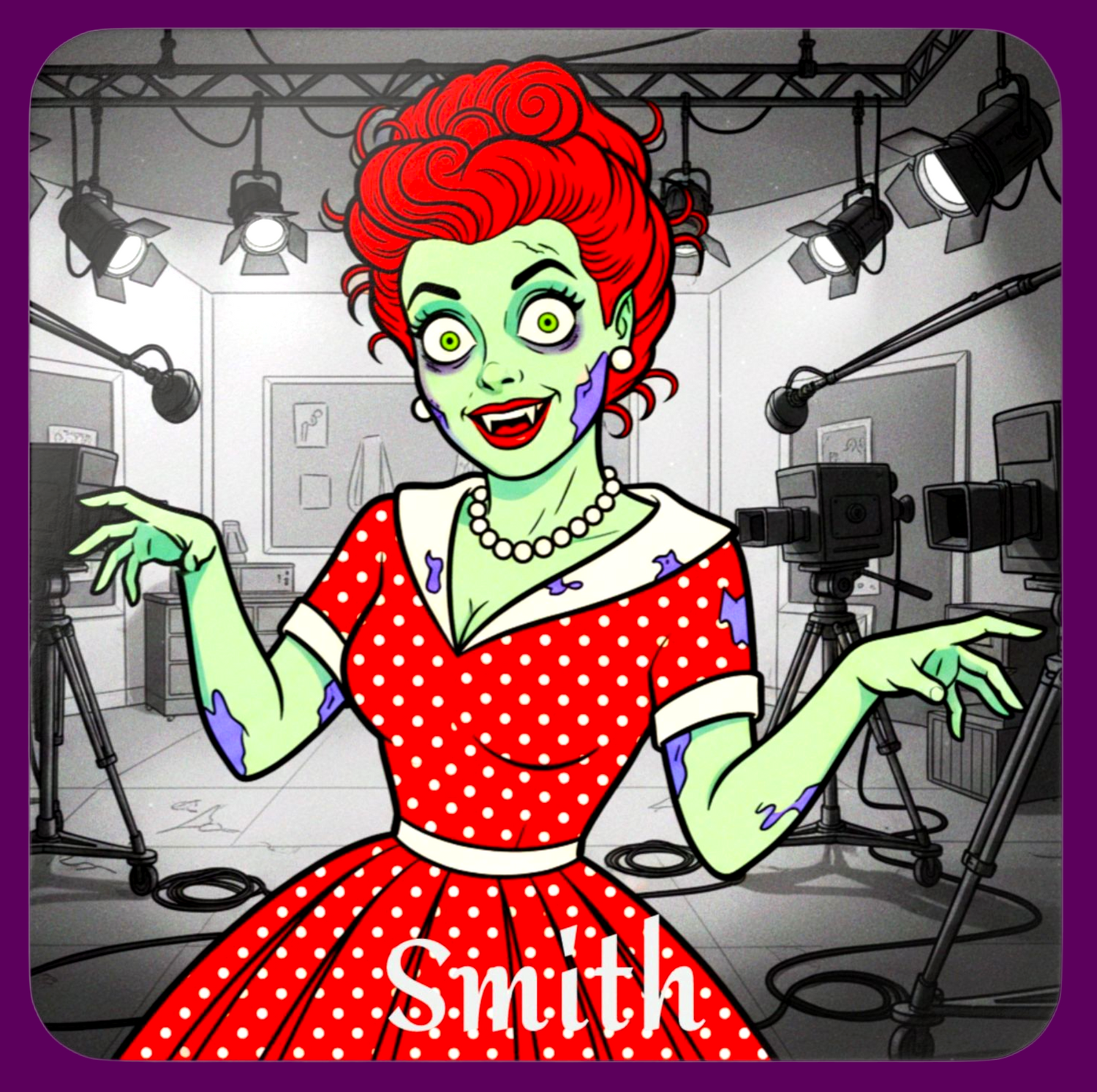 Close-up of a personalized zombie coaster showing custom name printed ona four piece set of I Love Lucy as a zombie. Only sold in The Fright Factory New Orleans.