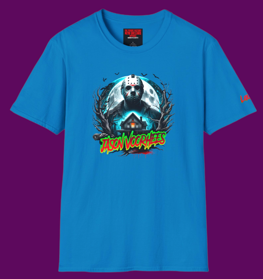 Custom Jason Voorhees hockey mask graphic t-shirt in a bold pop art style, printed on a 100% cotton unisex tee by The Fright Factory New Orleans.
