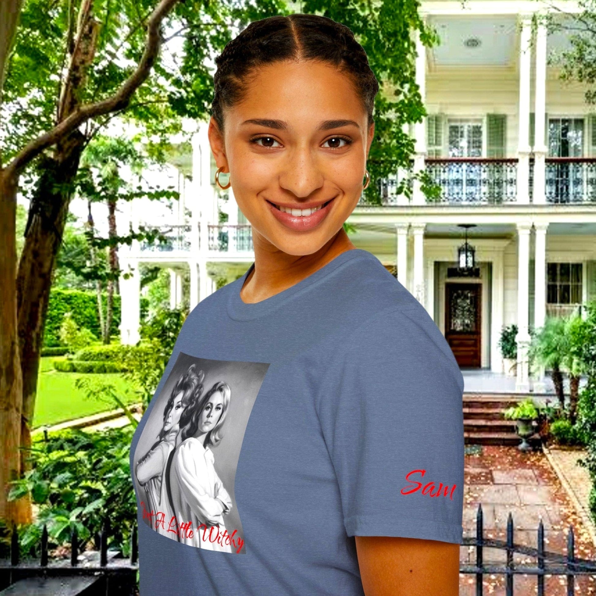 Personalized blue graphic t-shirt on a model featuring Endora and Samantha from Bewitched by The Fright Factory New Orleans