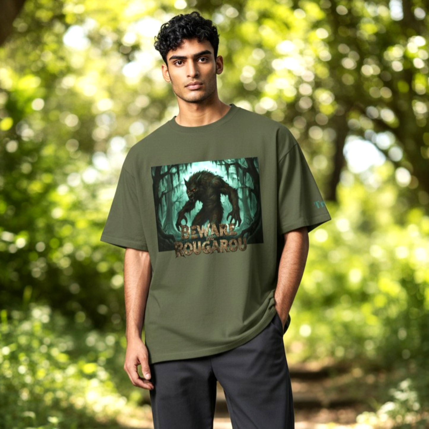 Model wearing a personalized Rougarou swamp werewolf t-shirt with distressed "Beware" text and custom name field, designed by The Fright Factory New Orleans.
