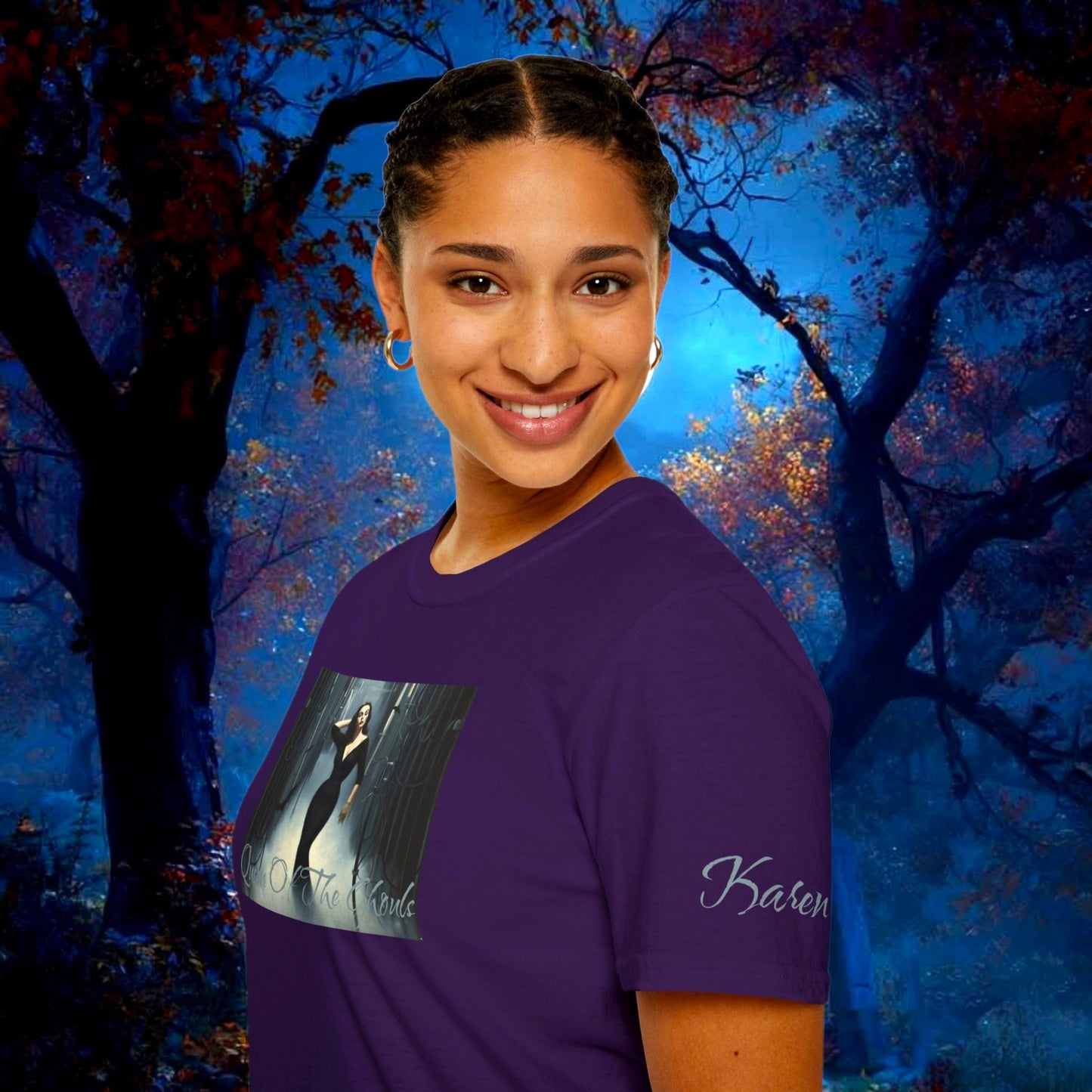 Model wearing a custom Vampira Horror Shirt in purple, featuring the Queen of the Ghouls graphic print. Designed in The Fright Factory New Orleans. 