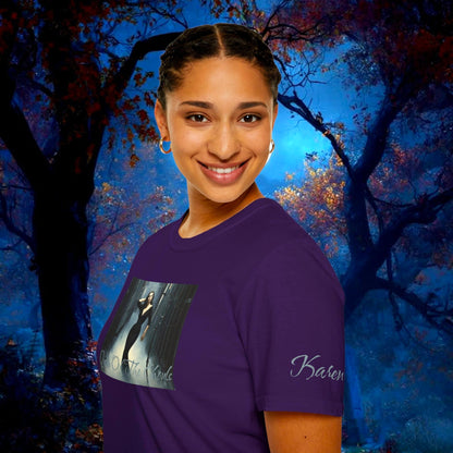 Model wearing a custom Vampira Horror Shirt in purple, featuring the Queen of the Ghouls graphic print. Designed in The Fright Factory New Orleans. 