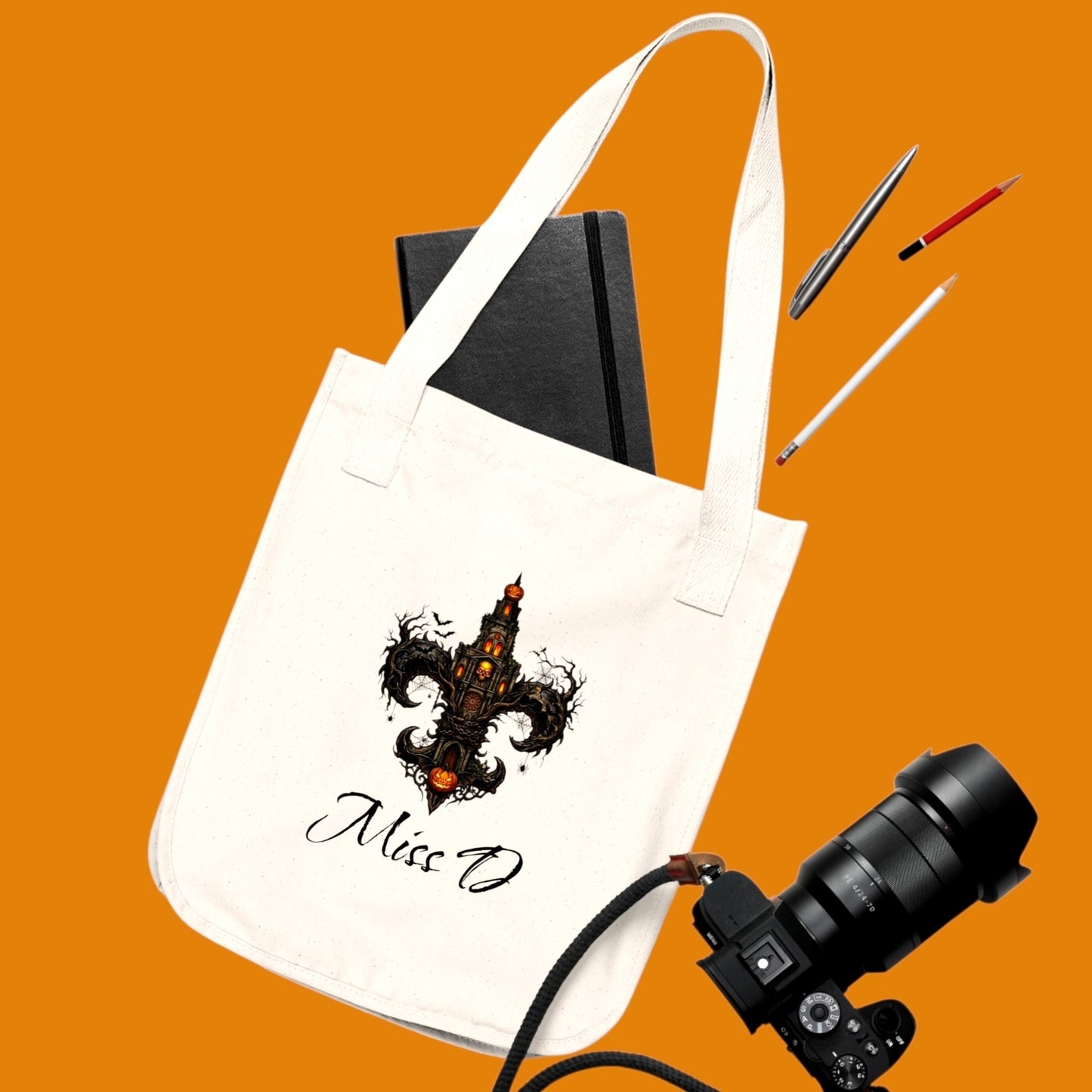 Carry your magic in style. Our personalized Gothic Fleur-de-Lis Tote features durable organic cotton & personalized text. From The Fright Factory, NOLA Halloween gift shop!