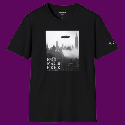 The Fright Factory New Orleans custom apparel: 'Not From Here' sci-fi graphic tee designed by Rocket Hulsey.