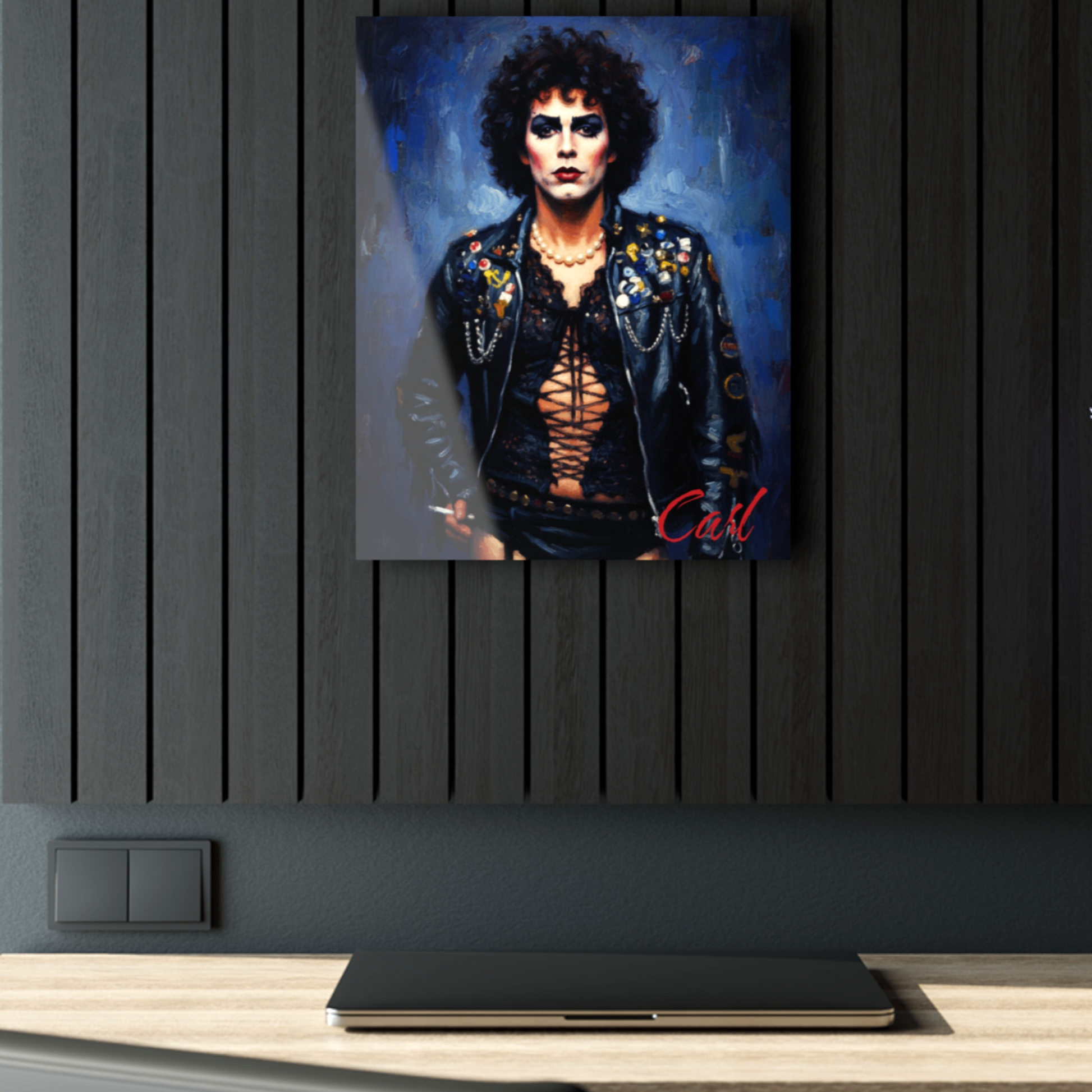 A custom acrylic art piece depicting Dr. Frank-N-Furter in  all his glory. The UV-resistant printing captures the 'mad scientist' vibe with vivid clarity and a professional custom design. From The Fright Factory New Orleans.