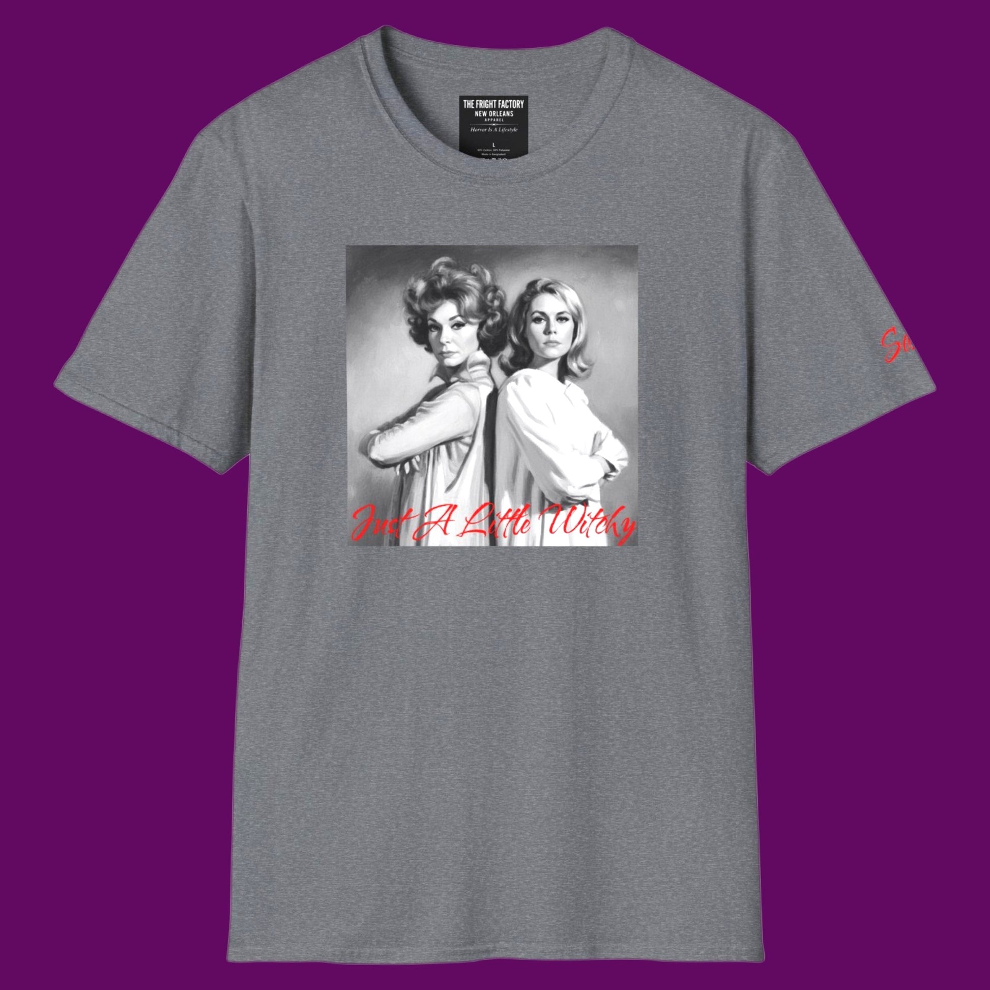 Personalized graphic t-shirt featuring the fictional witches Endora and Samantha Stephens from the classic TV show Bewitched, styled with custom text by The Fright Factory New Orleans.