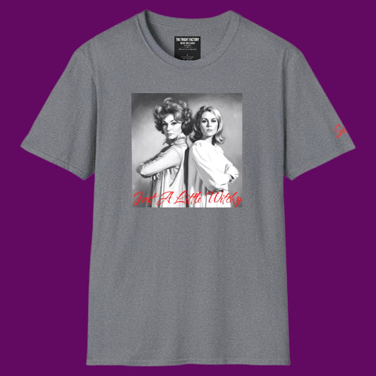 Personalized graphic t-shirt featuring the fictional witches Endora and Samantha Stephens from the classic TV show Bewitched, styled with custom text by The Fright Factory New Orleans.