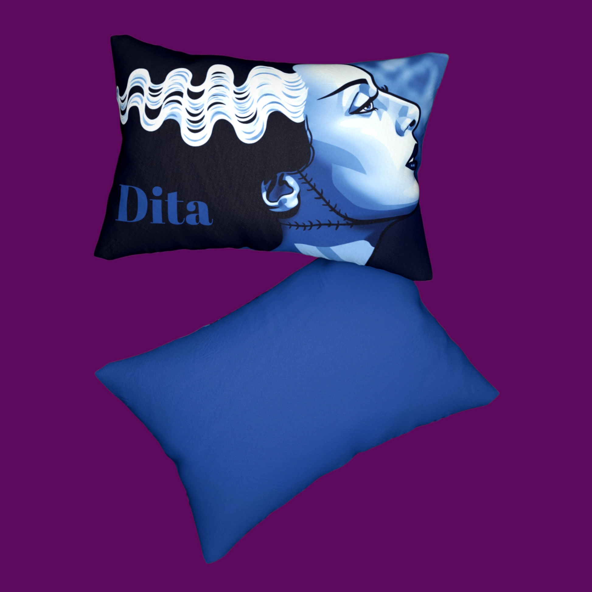 Detailed close-up of the Bride of Frankenstein illustration on a soft, high-quality fabric pillowcase, showcasing the crisp black and white gothic art details for sale in The Fright Factory, New Orleans.