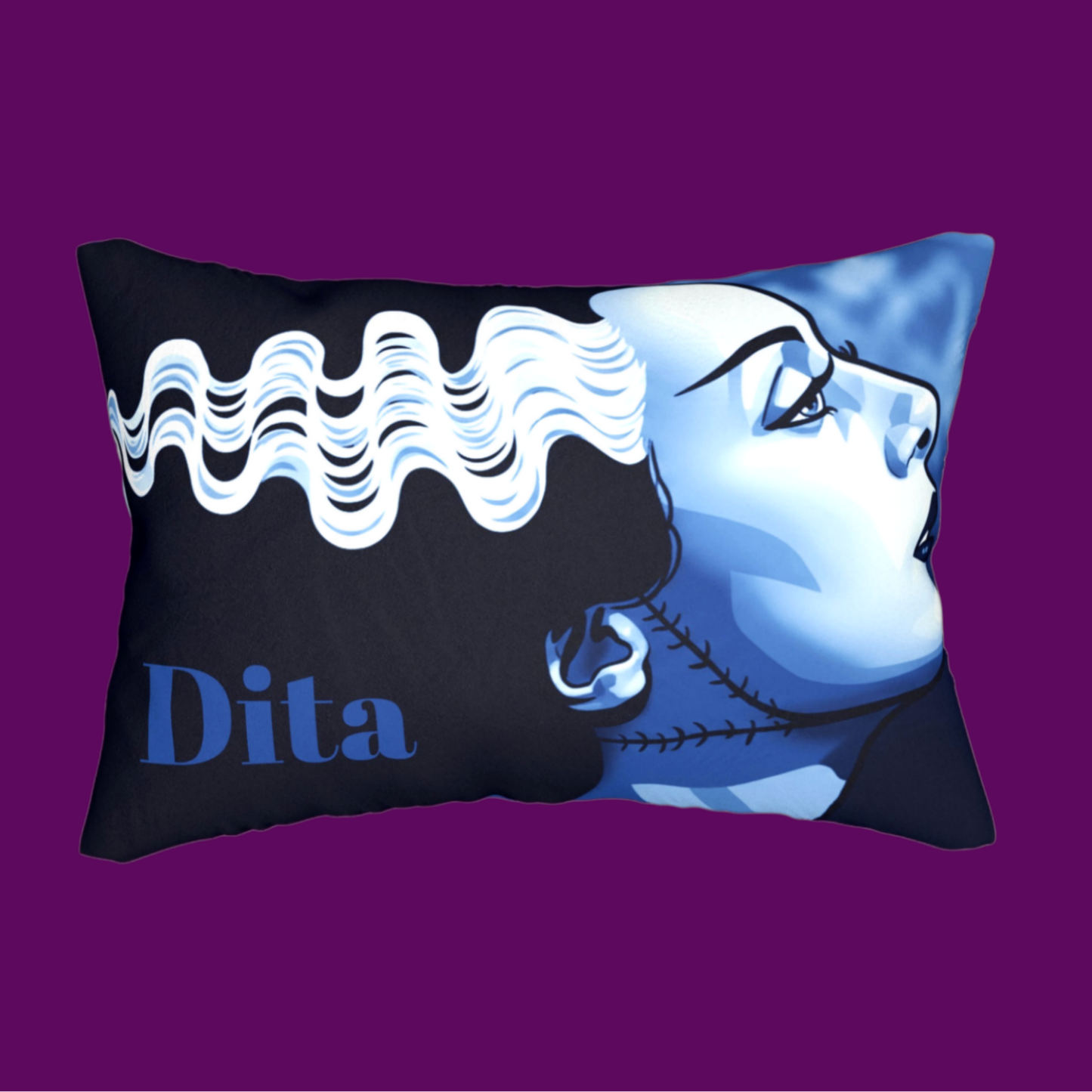 A custom art blue throw pillow featuring a high-resolution, vintage-style illustration of the Bride of Frankenstein from Fright Factory NOLA.