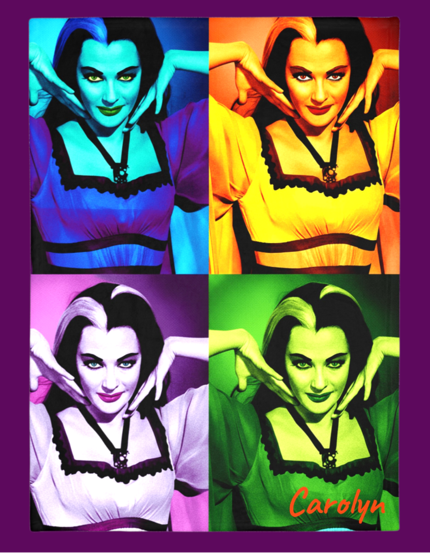Personalized Lily Munster pop art fleece throw featuring vibrant gothic colors and Munsters-inspired TV show artwork.