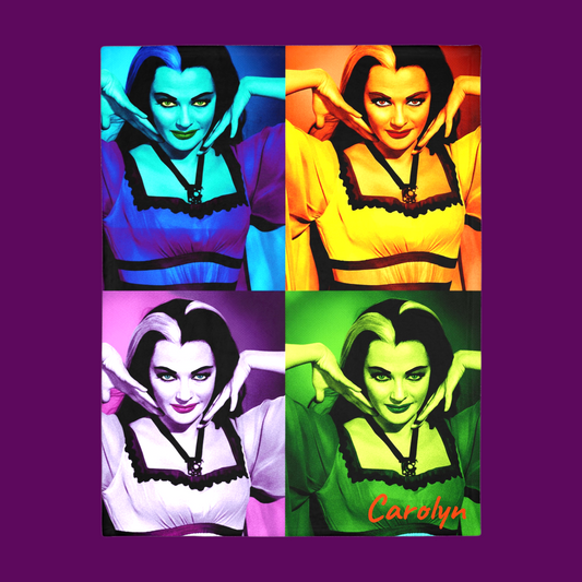Personalized Lily Munster pop art fleece throw featuring vibrant gothic colors and Munsters-inspired TV show artwork.
