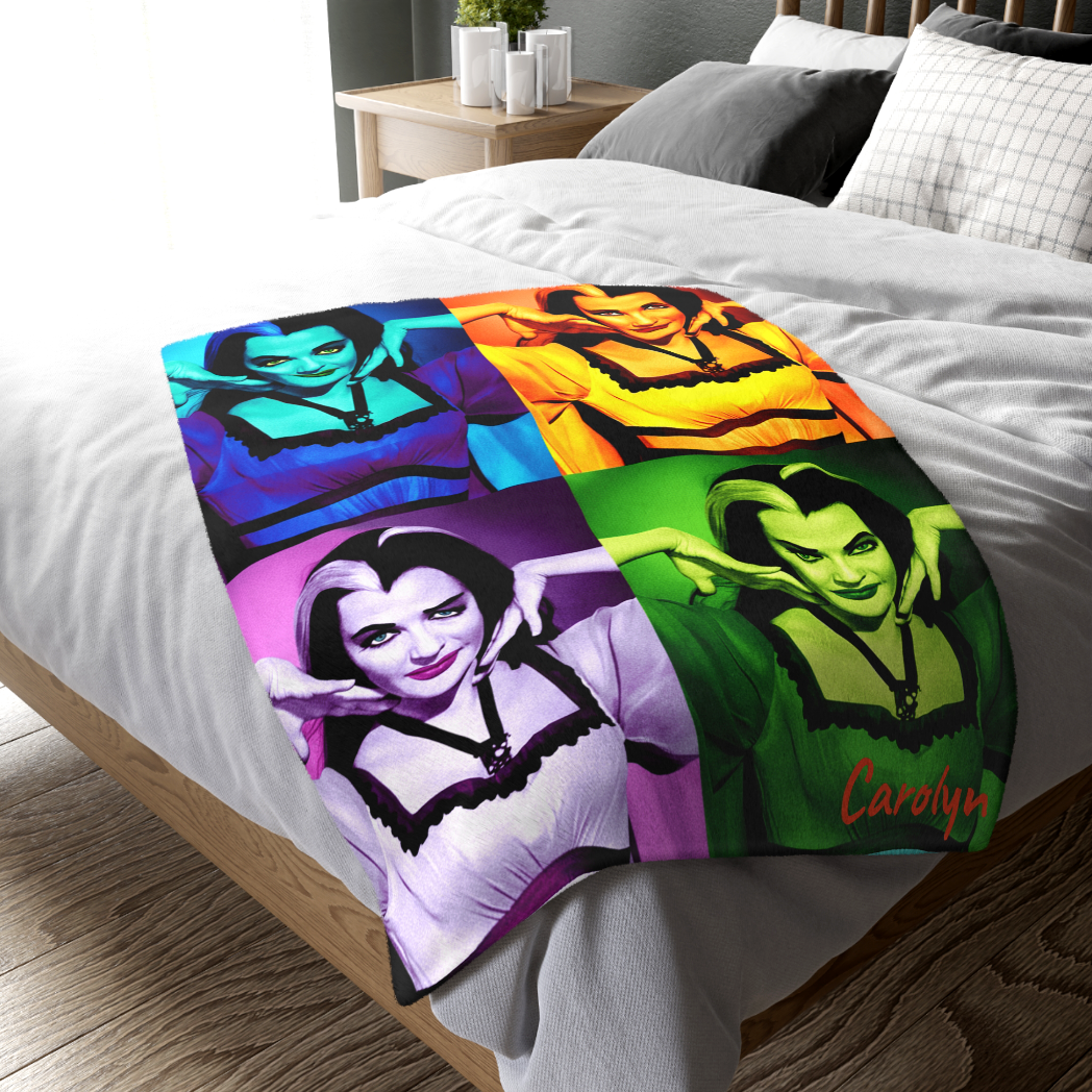 Close-up of the ultra-soft velveteen texture on a personalized Lily Munster blanket with durable hemmed stitched edges.