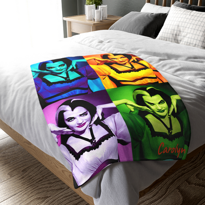 Close-up of the ultra-soft velveteen texture on a personalized Lily Munster blanket with durable hemmed stitched edges.