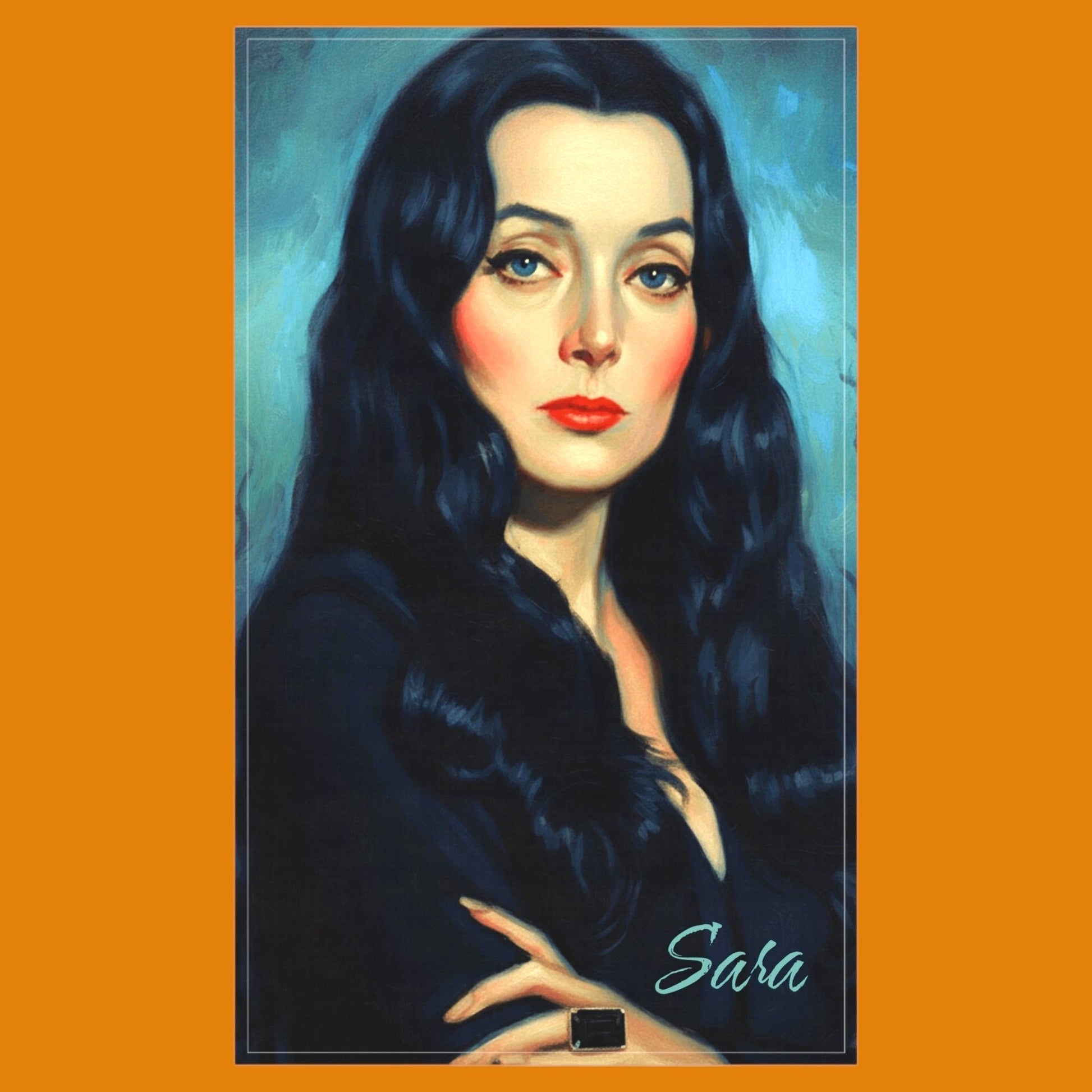 Gothic Morticia Addams kitchen tea towel with personalized custom text at the bottom. For Sale in The Fright Factory New Orleans gift shop.
