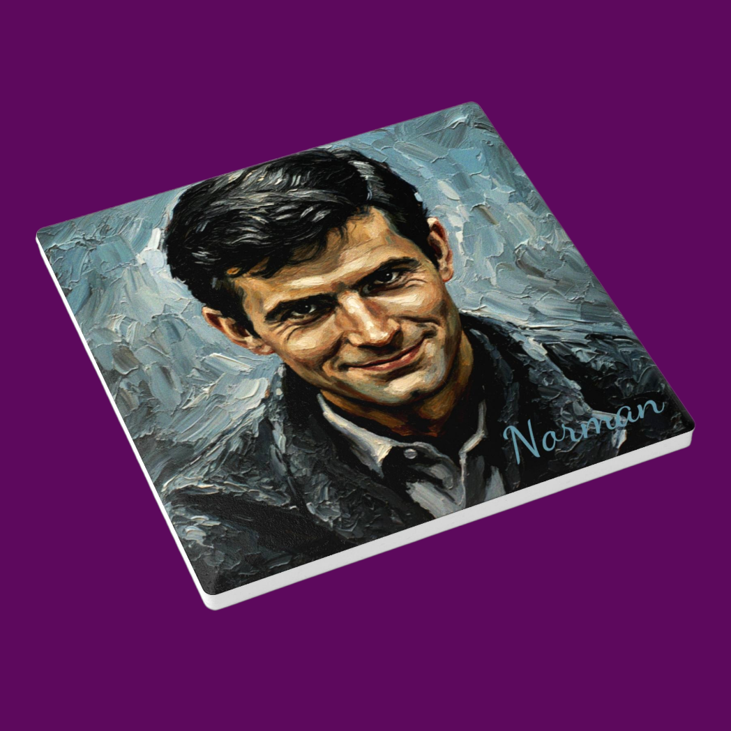 Close-up of the high-quality print on a personalized Norman Bates coaster, showing the detailed Hitchcock-inspired artwork and durable ceramic finish.