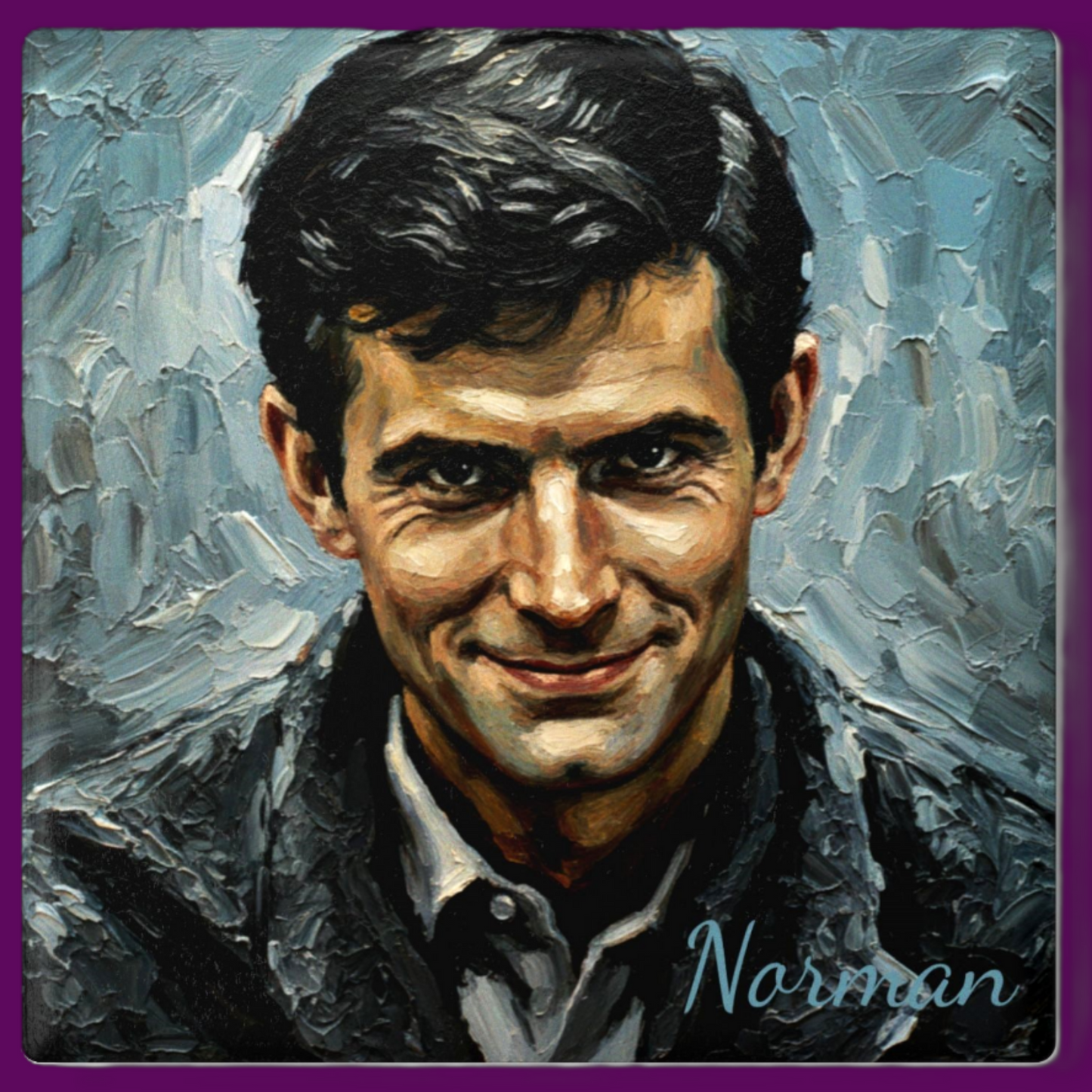 Personalized Norman Bates ceramic coaster with custom Psycho horror art and non-slip cork backing by Fright Factory New Orleans.
