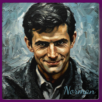 Personalized Norman Bates ceramic coaster with custom Psycho horror art and non-slip cork backing by Fright Factory New Orleans.
