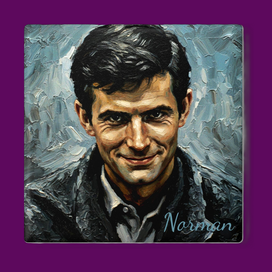 Personalized Norman Bates ceramic coaster with custom Psycho horror art and non-slip cork backing by Fright Factory New Orleans.
