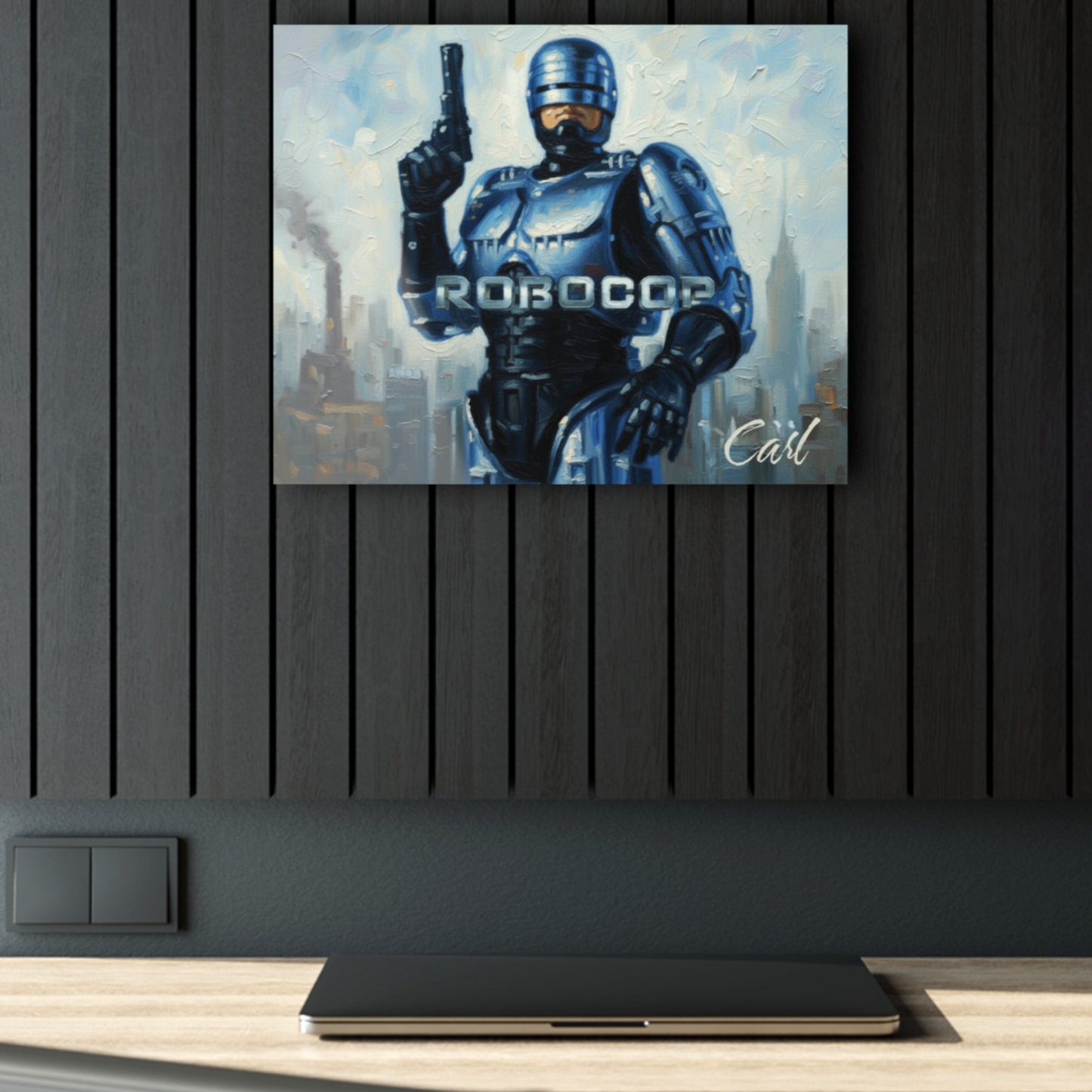Office view of a personalized acrylic art piece of RoboCop from the iconic 1987 film. Designed iand for sale n he FRight Factory New Orleans.