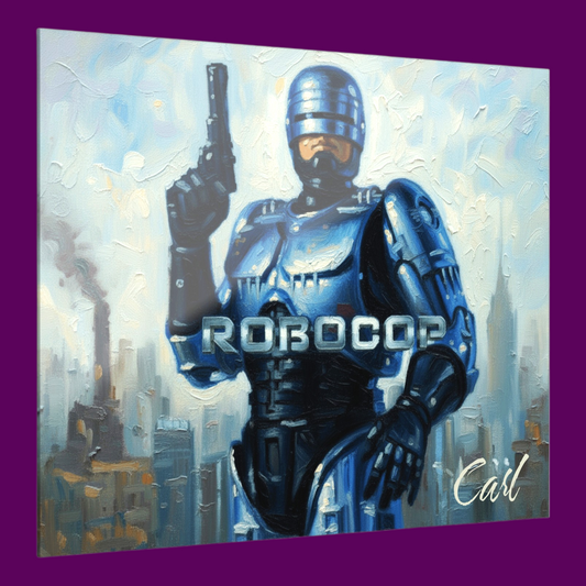 Personalized Robocop acrylic art piece featuring peter weller inn his conic roll. Designed and for sale in the fright factory new Orleans.
