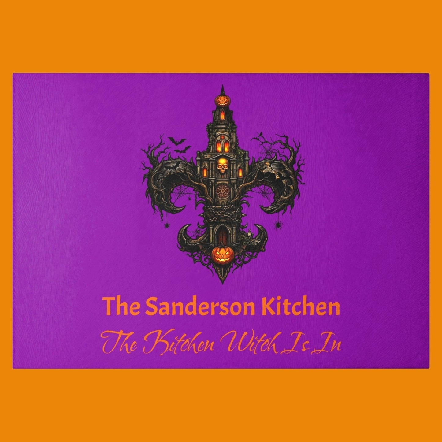 Personalized tempered glass cutting board with a vibrant purple background featuring an intricate gothic fleur-de-lis shaped like a haunted cathedral tower with glowing jack-o'-lanterns, skulls, and bats. Custom kitchen witch decor by The Fright Factory, New Orleans.