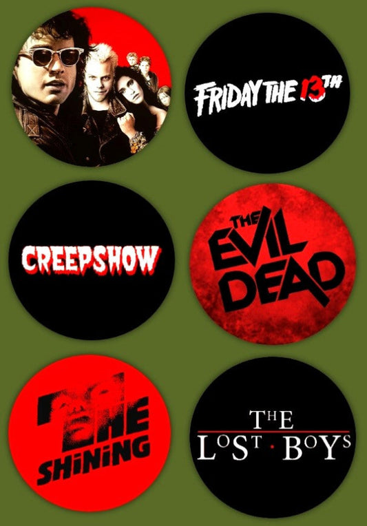Set of 6 handmade 1.5 inch classic horror movie button pins featuring iconic monster and slasher film designs by The Fright Factory NOLA.