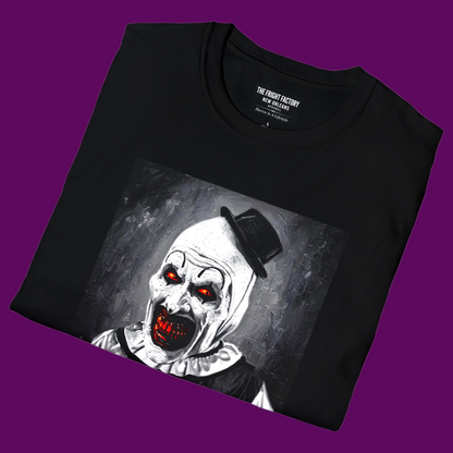 Personalized Art the Clown horror graphic tee on a black unisex t-shirt.