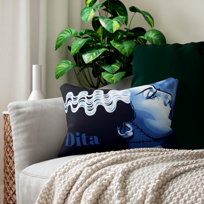 A gothic-themed living area featuring the Bride of Frankenstein personalized pillow as a spooky home decor accent on a velvet sofa by The Fright Factory New Orleans.