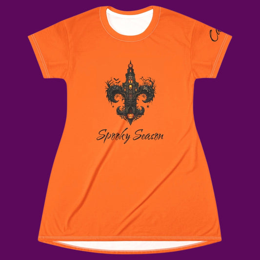 Oversized black gothic t-shirt dress styled as a sleep shirt, featuring a detailed alternative graphic with customized text, displayed against a clean background for The Fright Factory, NOLA.