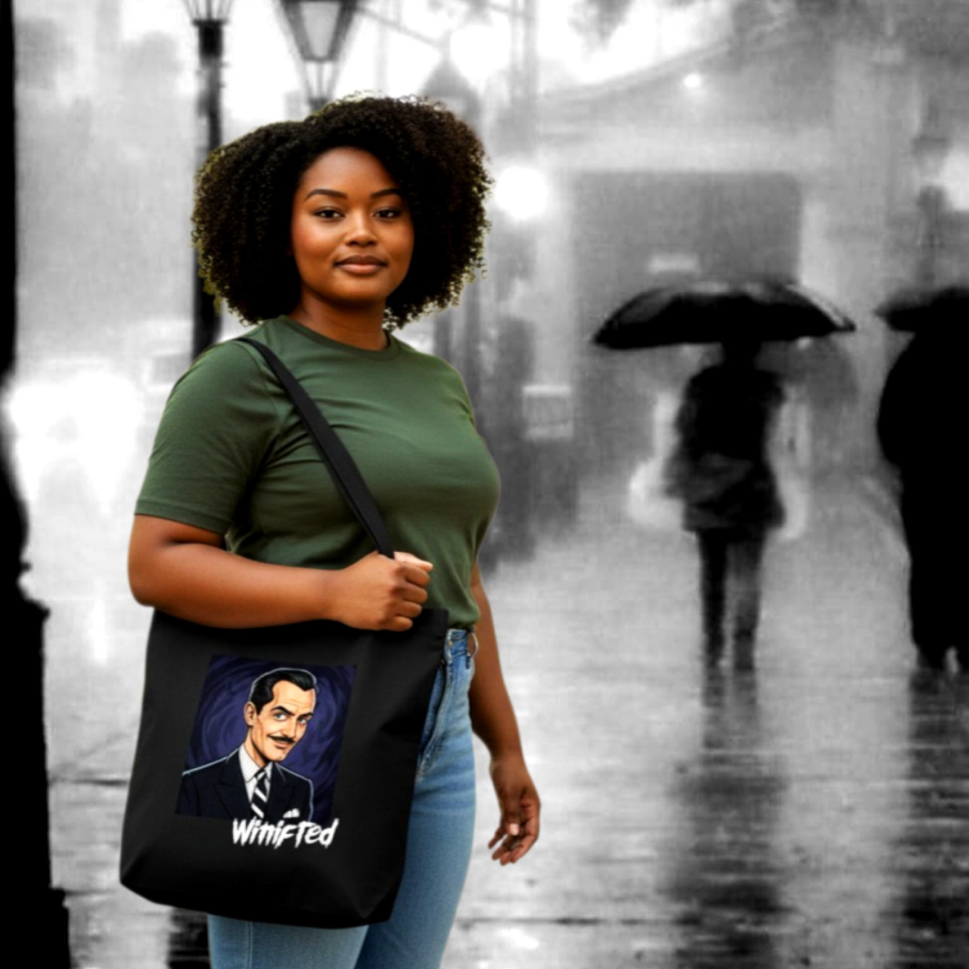 "Person carrying a Vincent Price tote bag filled with books, showing its spacious main compartment and over-the-shoulder fit.
